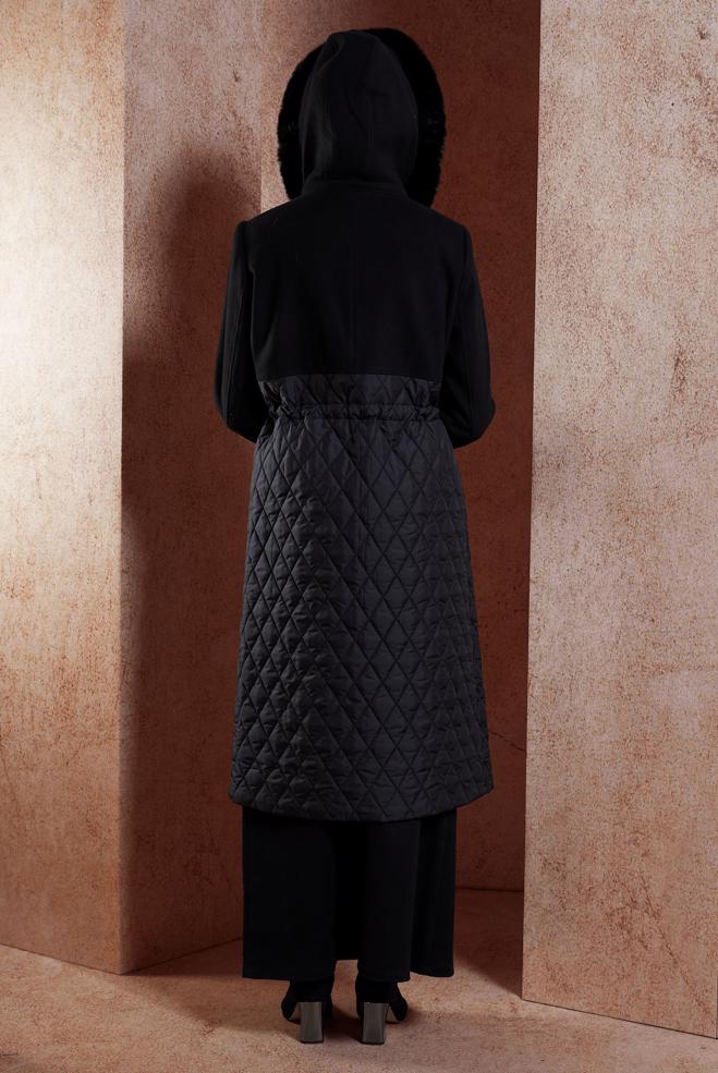 Hijab clothing BLACK FUR HOODED COAT 90508 - ALVİNA