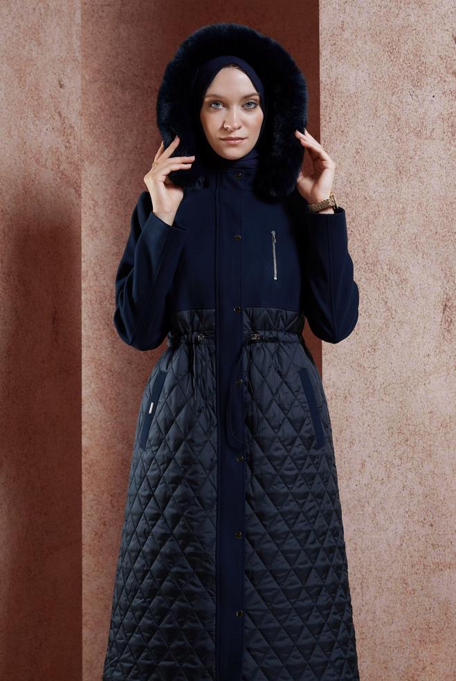 Hijab clothing NAVY BLUE FUR HOODED COAT 90508 - ALVİNA