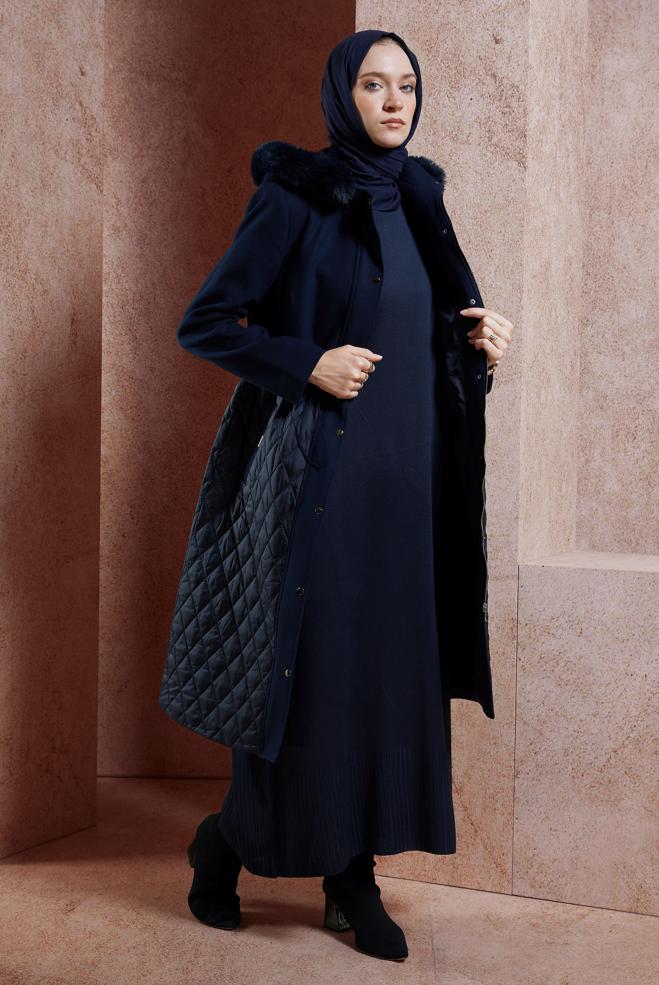 Hijab clothing NAVY BLUE FUR HOODED COAT 90508 - ALVİNA