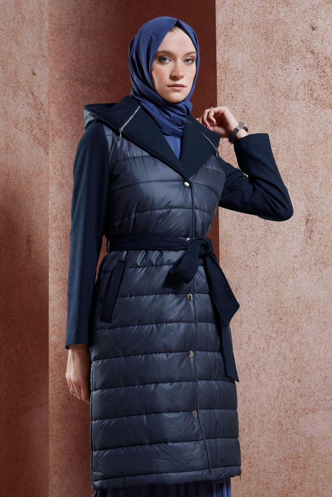 Tesettür giyim LACİVERT KUŞAKLI KAPÜŞONLU KABAN 90509 - ALVİNA