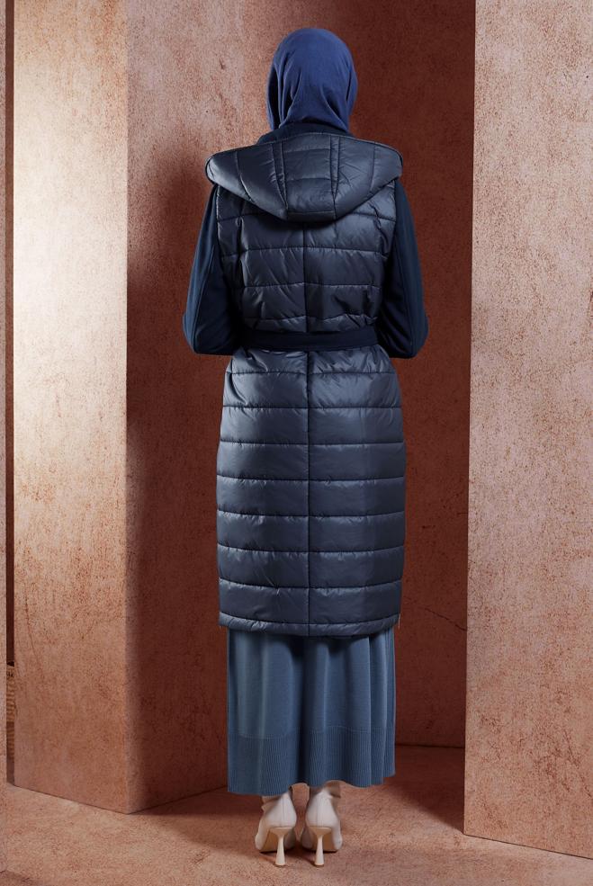 Tesettür giyim LACİVERT KUŞAKLI KAPÜŞONLU KABAN 90509 - ALVİNA