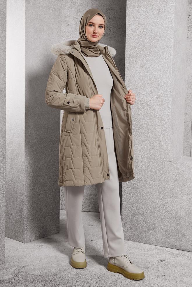 Hijab clothing BEIGE DETACHABLE HOODED COAT 90510 - ALVİNA