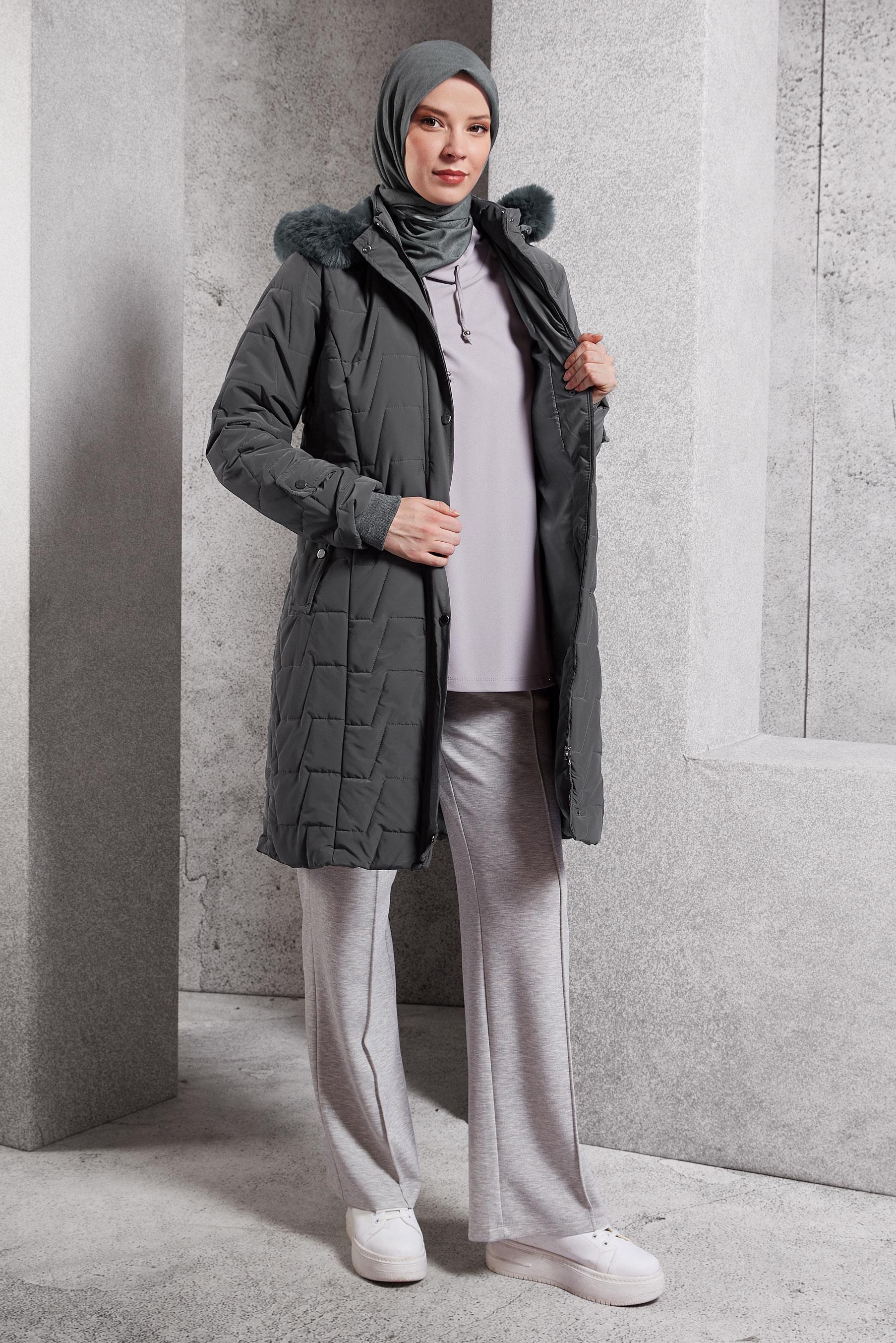 Tesettür giyim GRİ ÇIKARILABİLİR KAPÜŞONLU KABAN 90510