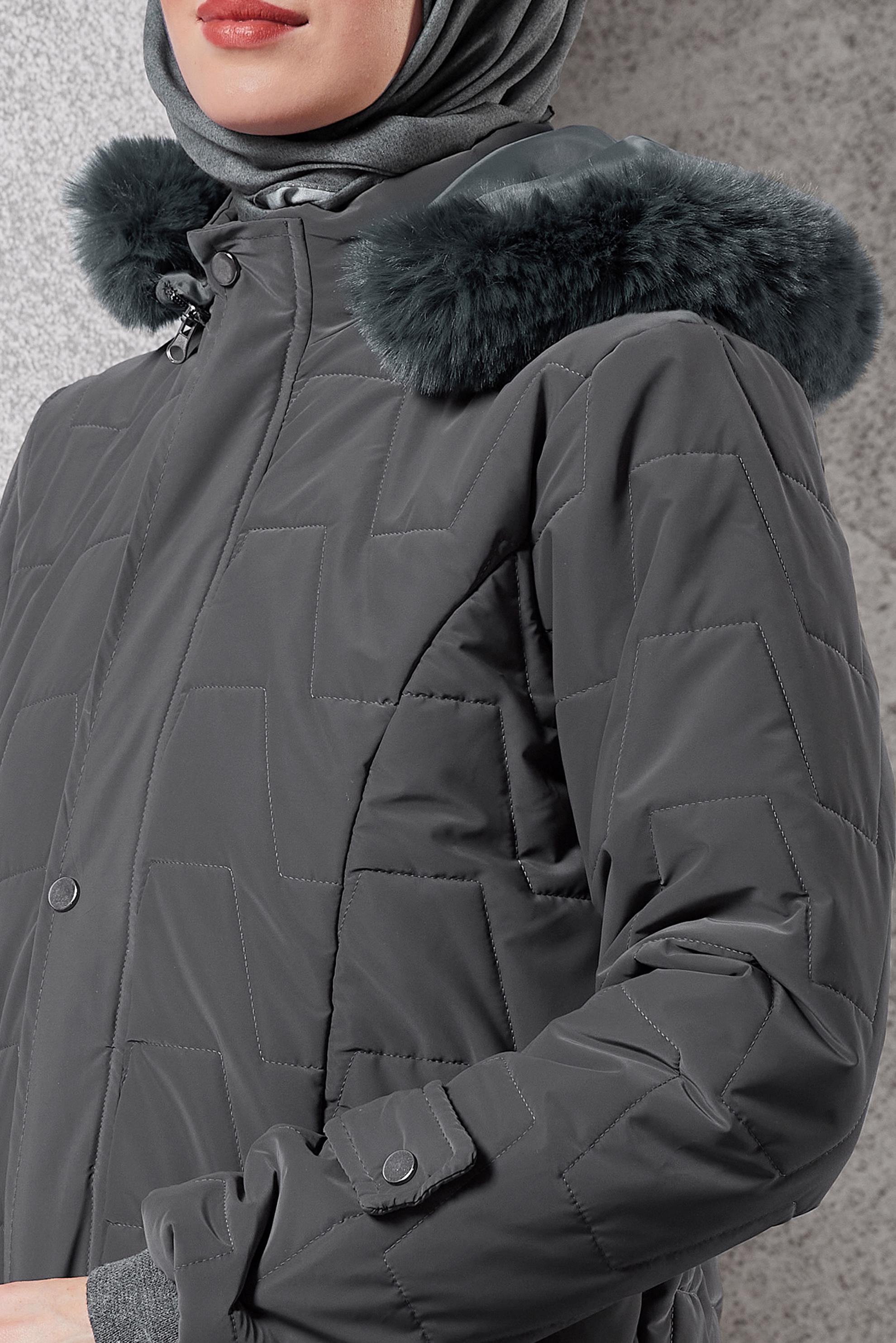 Tesettür giyim GRİ ÇIKARILABİLİR KAPÜŞONLU KABAN 90510