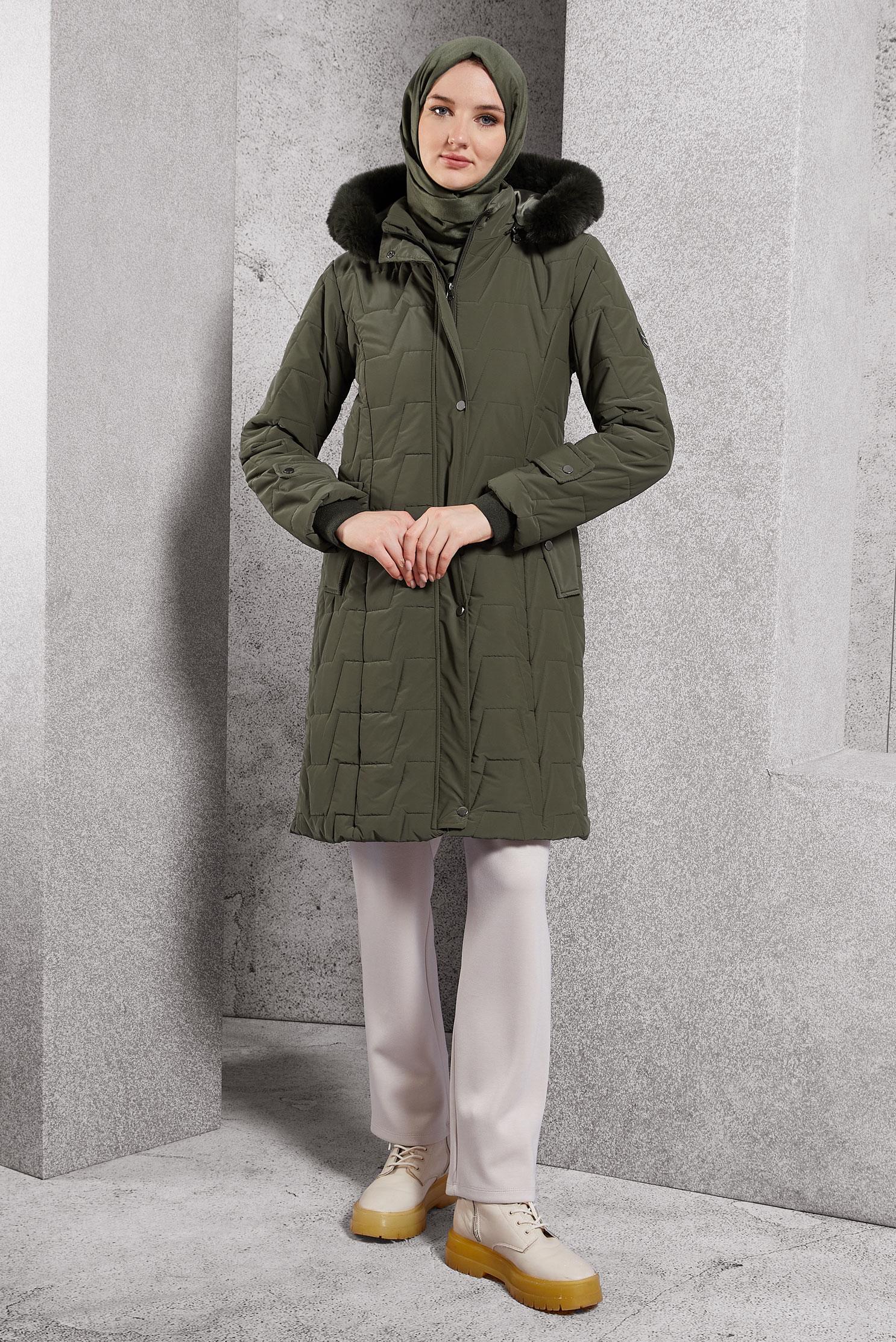 Tesettür giyim HAKİ ÇIKARILABİLİR KAPÜŞONLU KABAN 90510