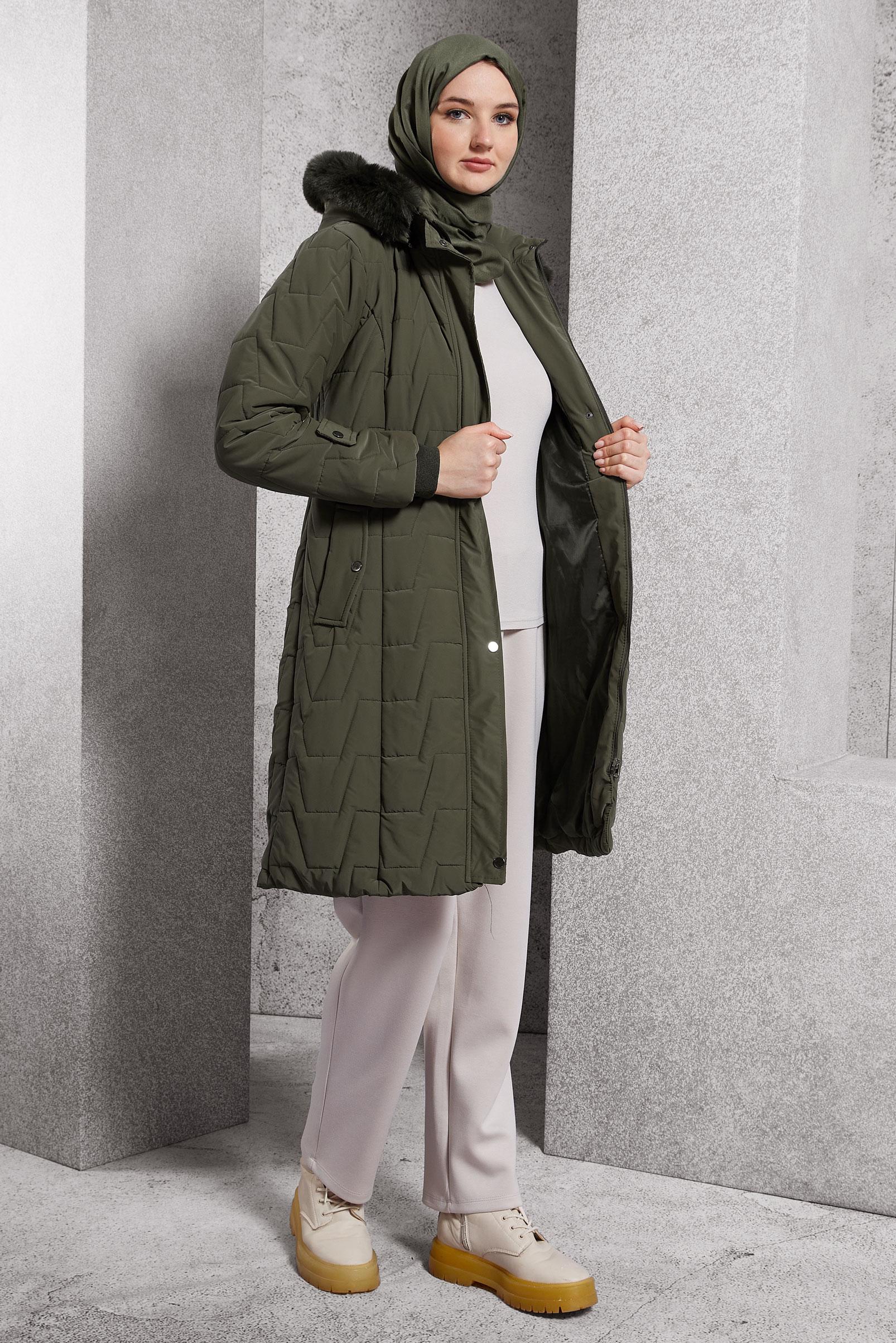 Tesettür giyim HAKİ ÇIKARILABİLİR KAPÜŞONLU KABAN 90510