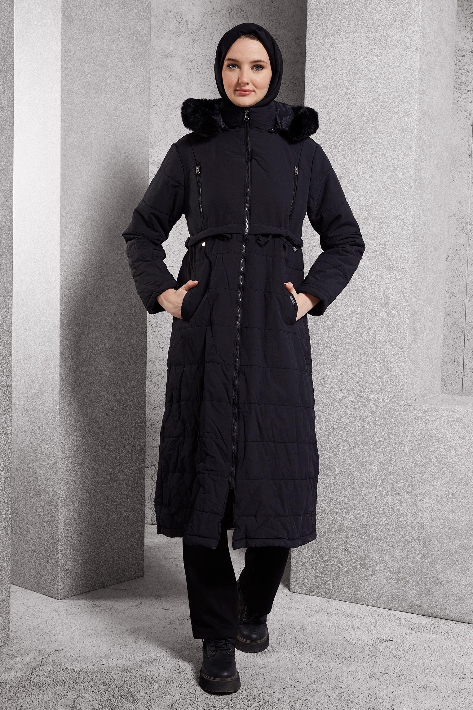 Tesettür giyim SİYAH KAPÜŞONLU KABAN 90511