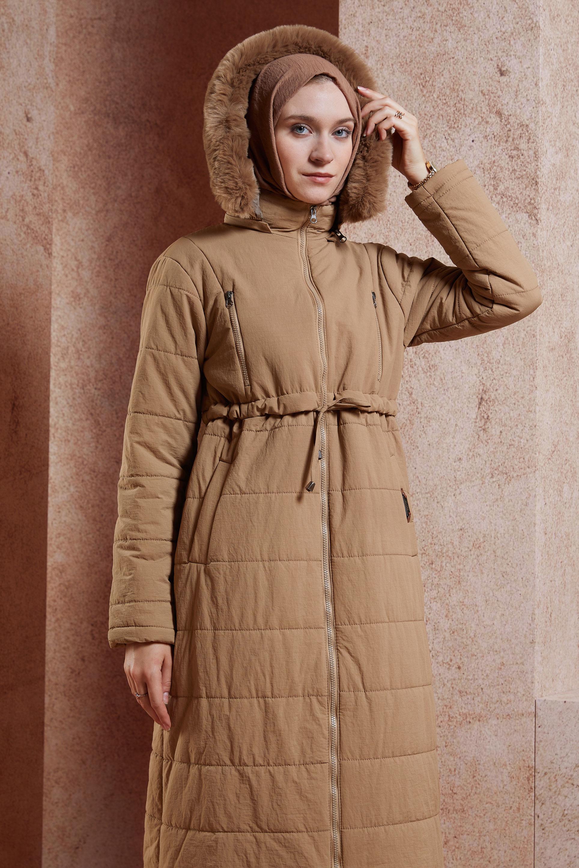 Tesettür giyim KAHVE KAPÜŞONLU KABAN 90511