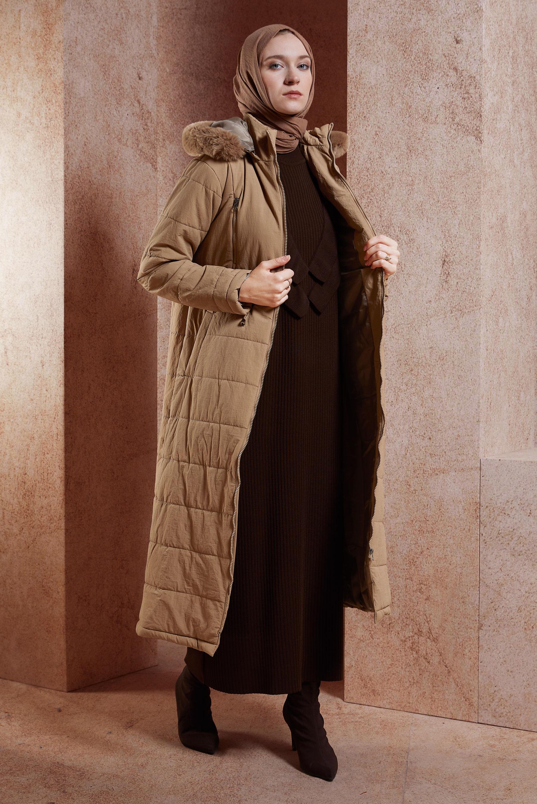 Tesettür giyim KAHVE KAPÜŞONLU KABAN 90511