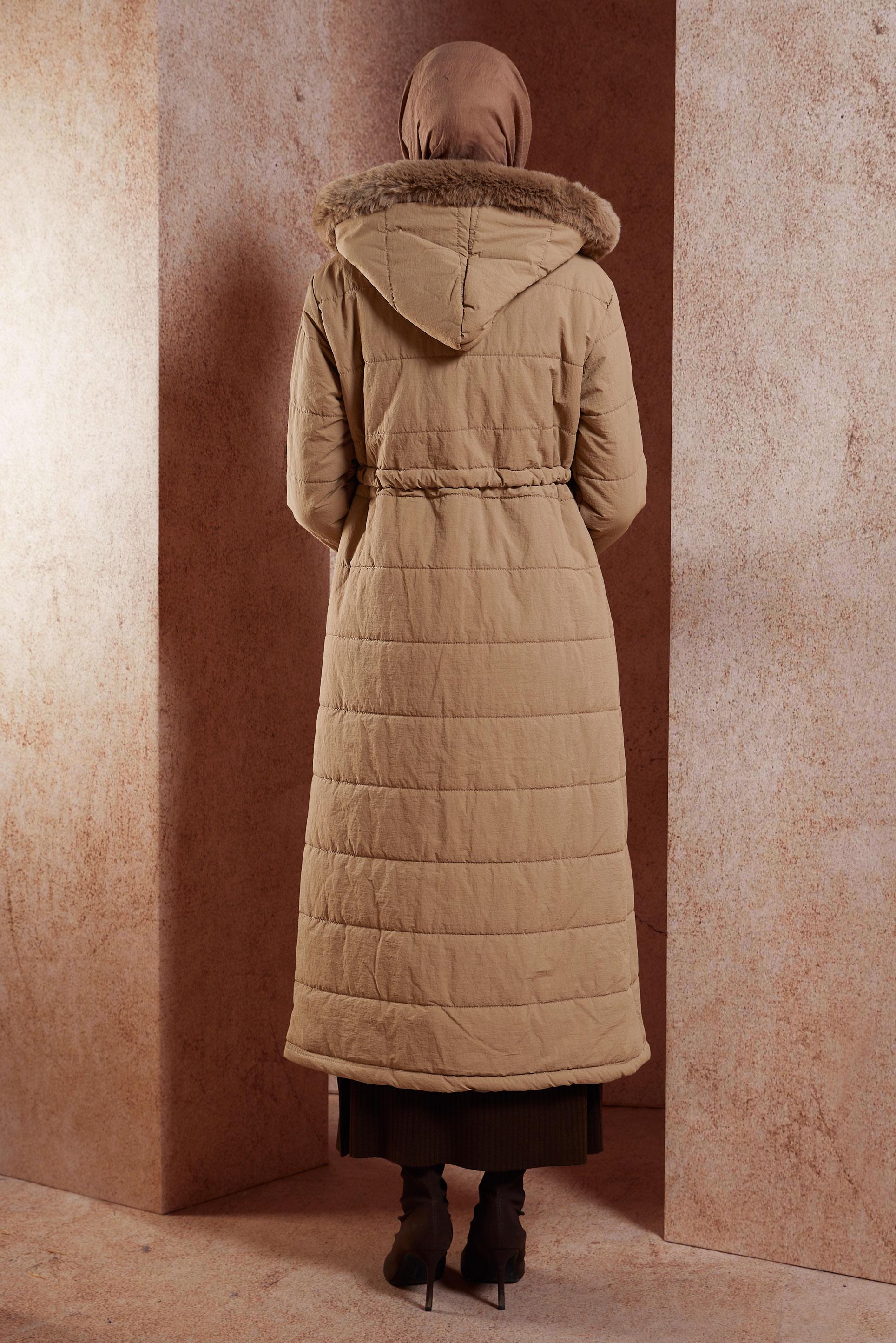 Tesettür giyim KAHVE KAPÜŞONLU KABAN 90511