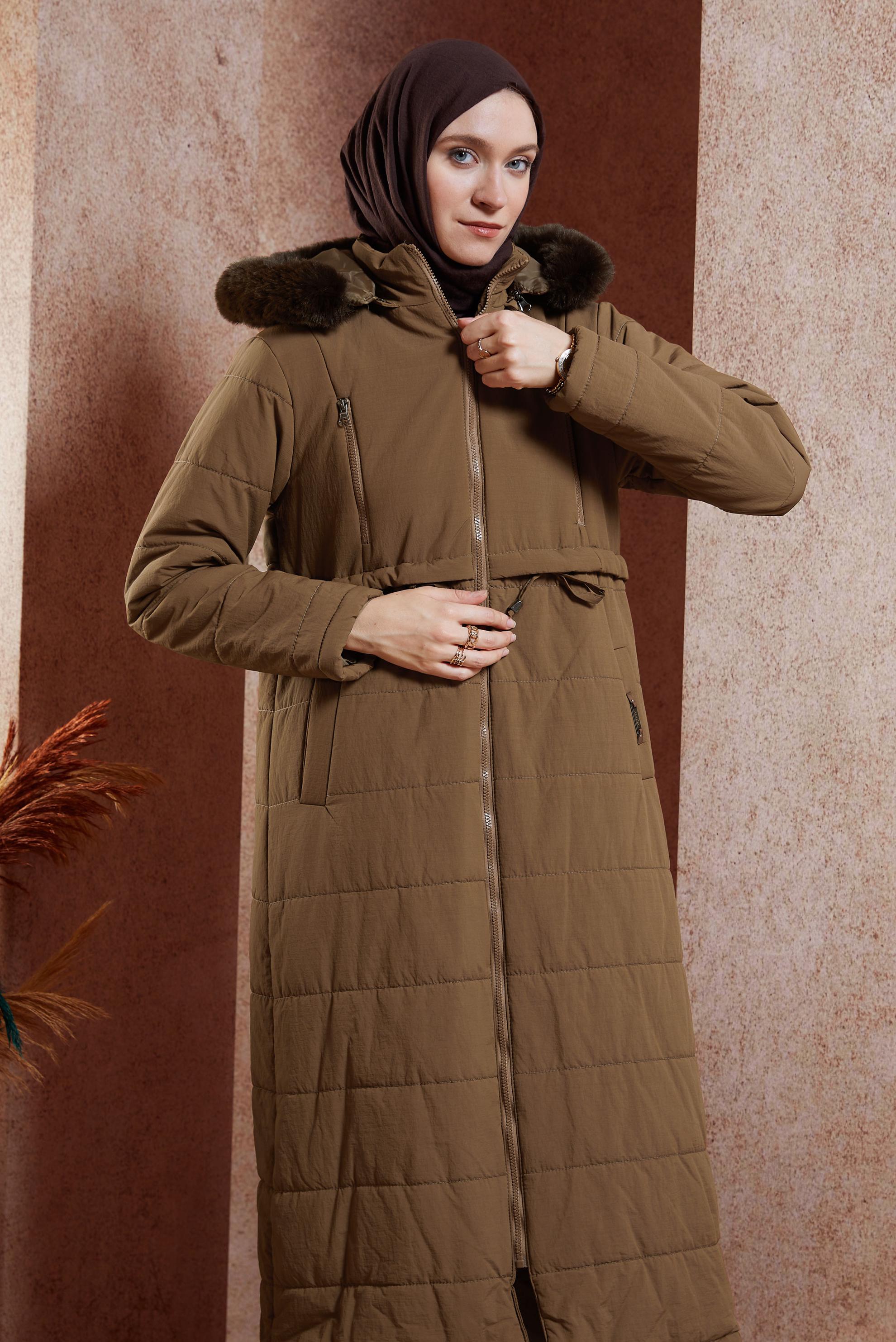 Tesettür giyim TABA KAPÜŞONLU KABAN 90511