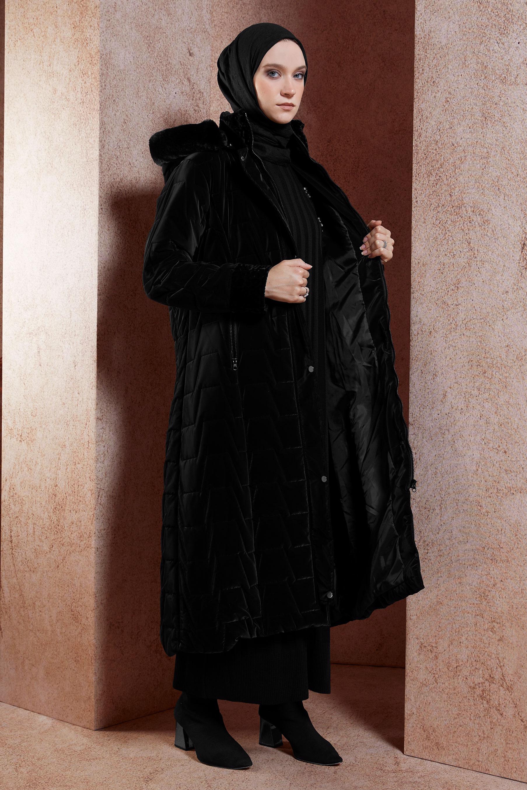 Tesettür giyim SİYAH KAPÜŞONLU KABAN 90512