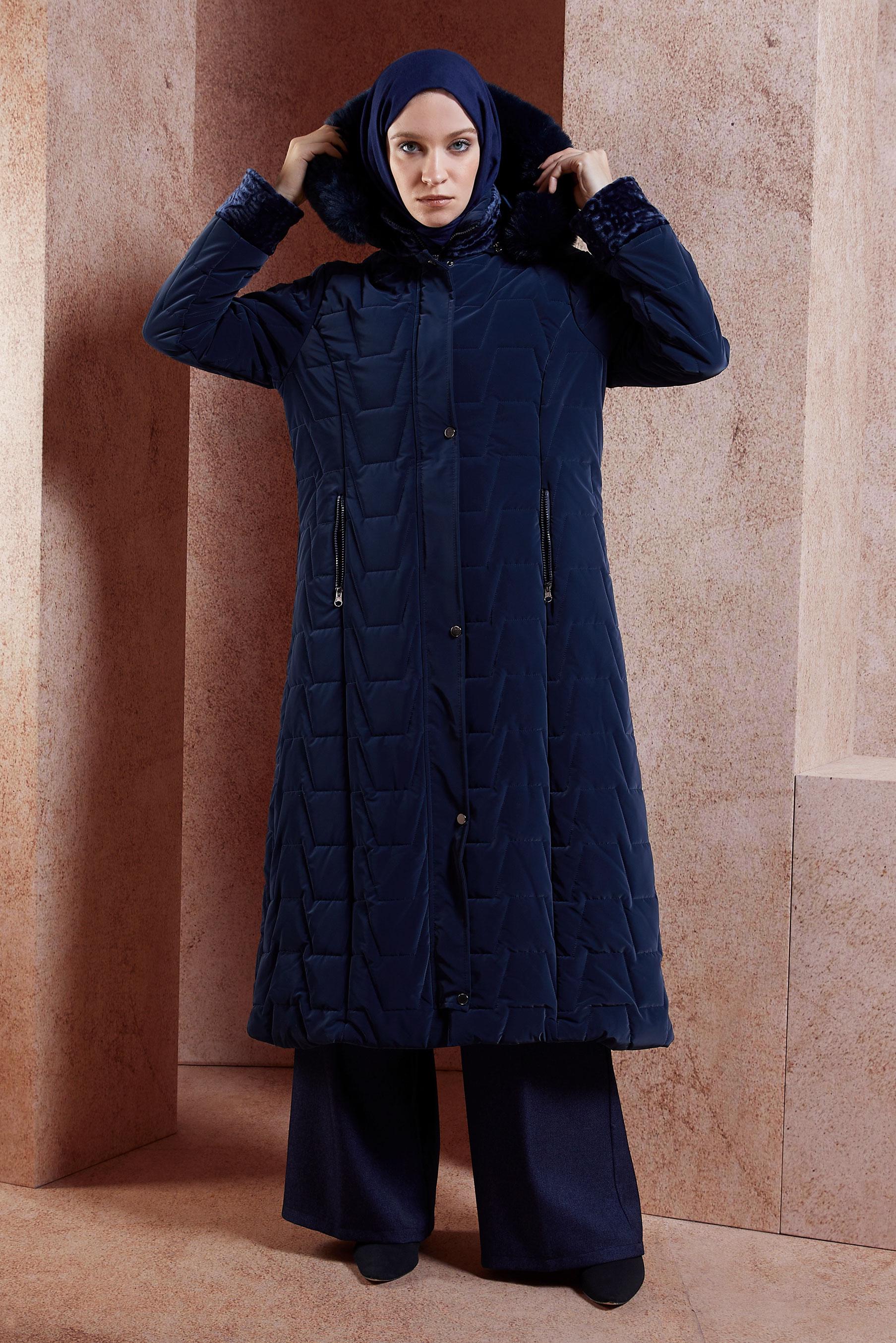 Tesettür giyim LACİVERT KAPÜŞONLU KABAN 90512