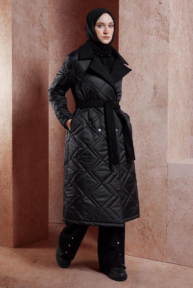 Tesettür giyim SİYAH KUŞAKLI KABAN 90513 - ALVİNA