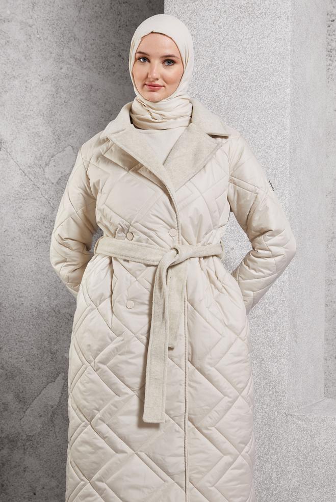 Tesettür giyim BEJ KUŞAKLI KABAN 90513 - ALVİNA