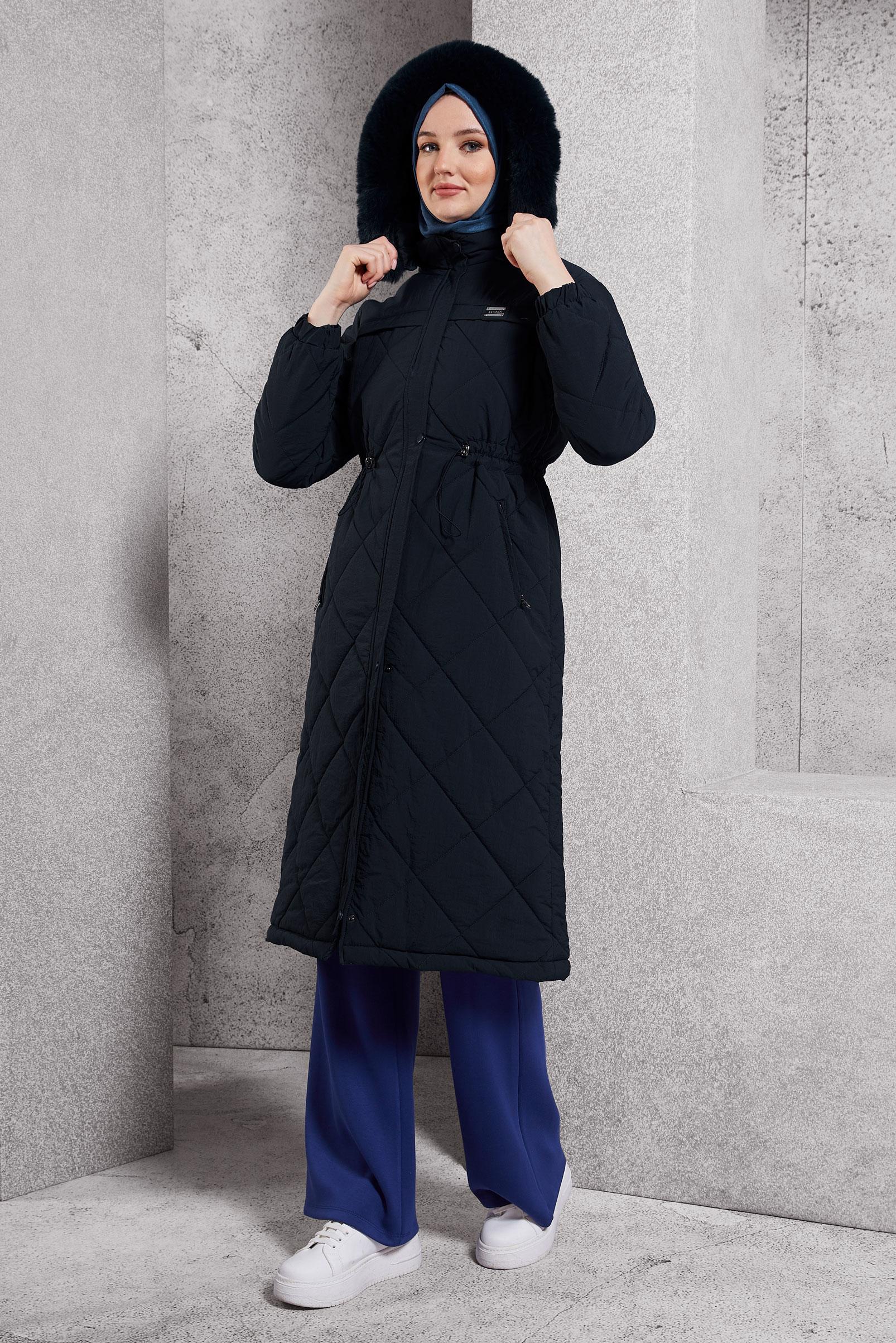 Hijab clothing NAVY BLUE DETACHABLE HOODED COAT 90514