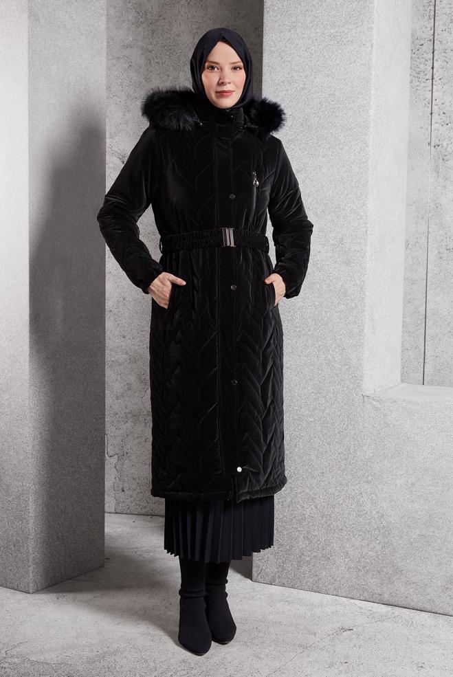 Hijab clothing BLACK BELTED COAT 90516 - ALVİNA