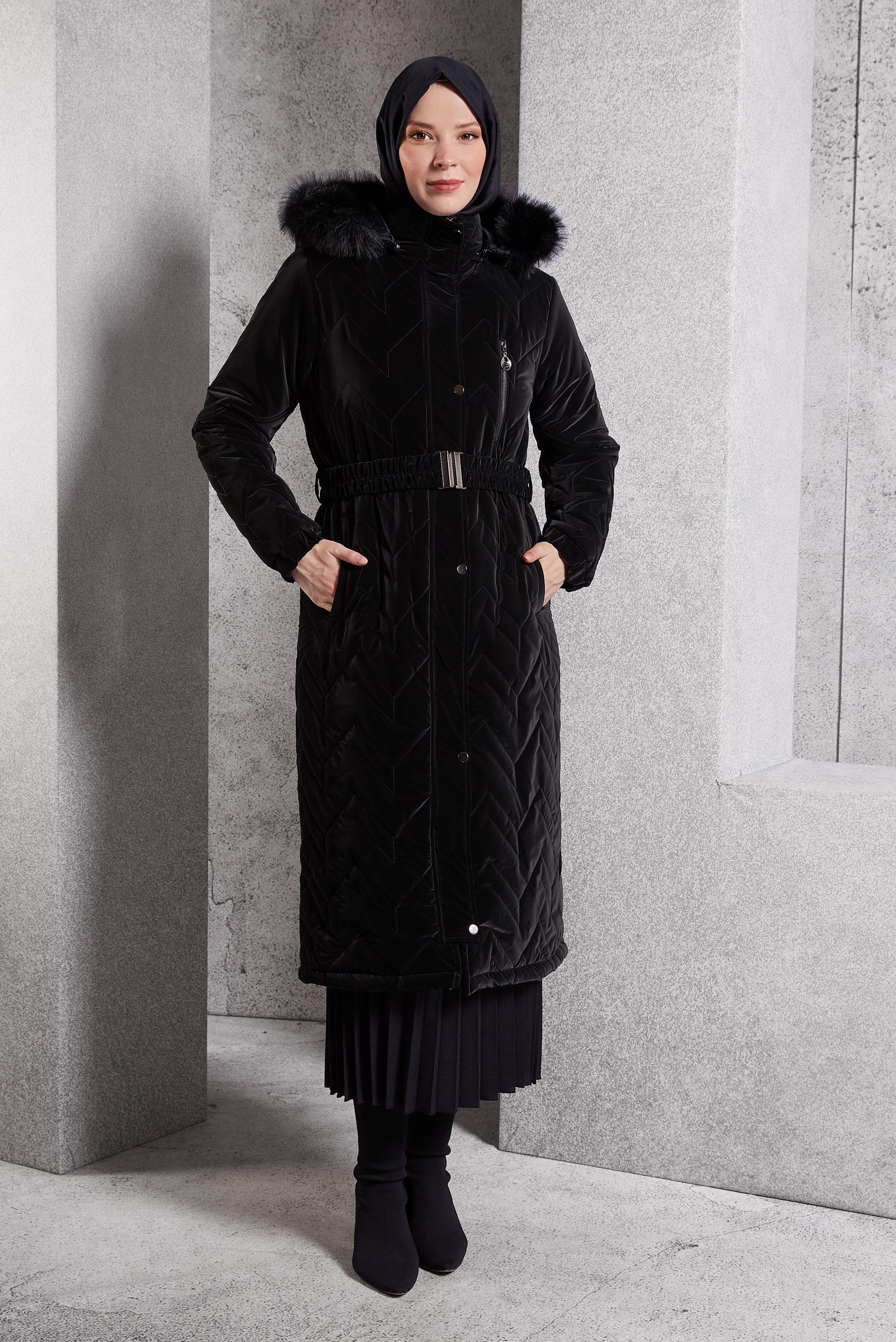 Tesettür giyim SİYAH KEMERLİ KABAN 90516