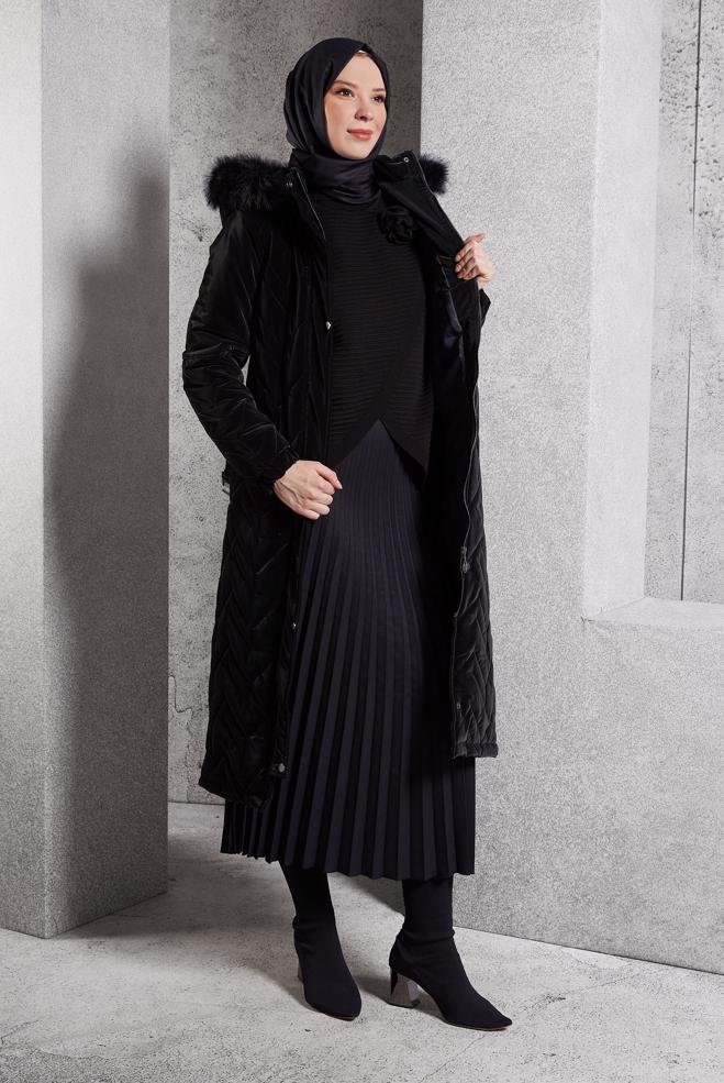 Hijab clothing BLACK BELTED COAT 90516 - ALVİNA