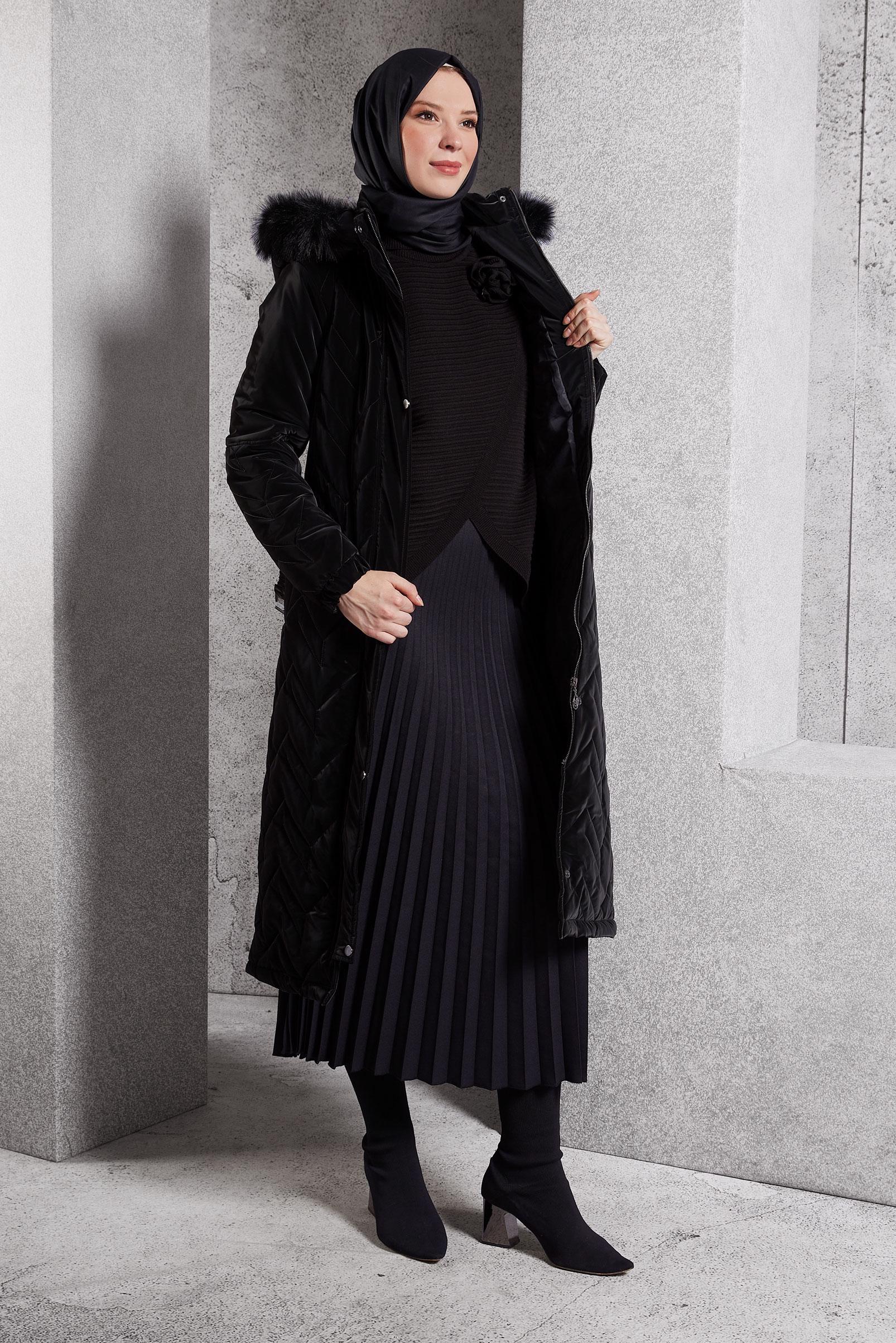 Tesettür giyim SİYAH KEMERLİ KABAN 90516