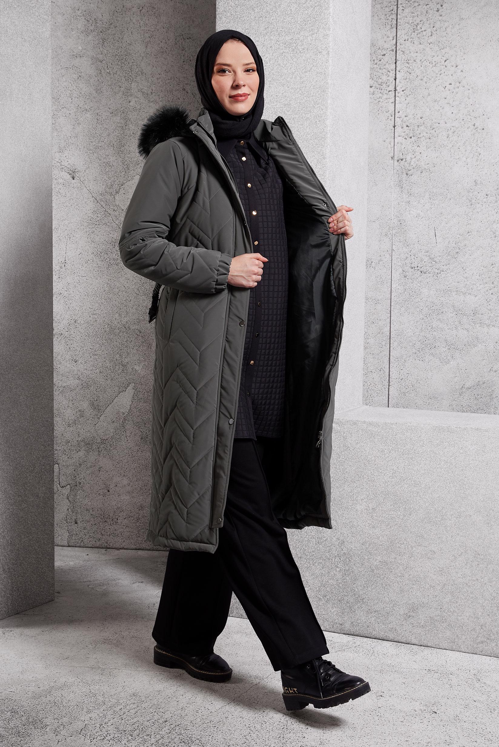 Tesettür giyim GRİ KEMERLİ KABAN 90516