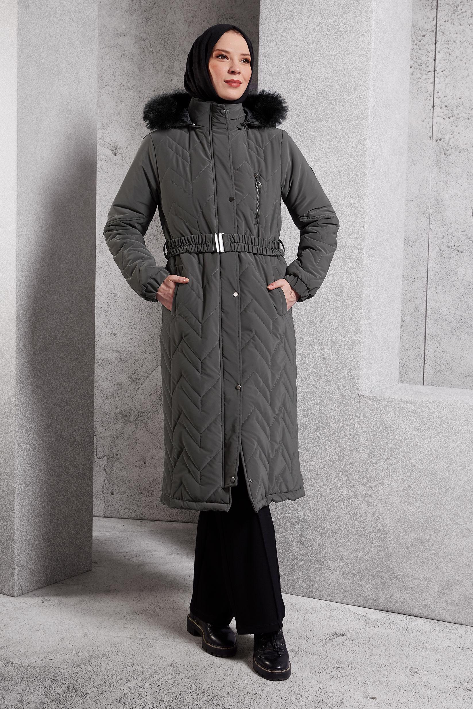 Tesettür giyim GRİ KEMERLİ KABAN 90516