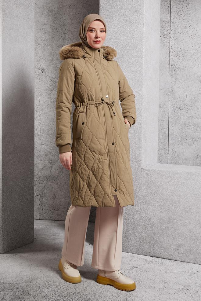 Hijab clothing BROWN FUR HOODED COAT 90518 - ALVİNA