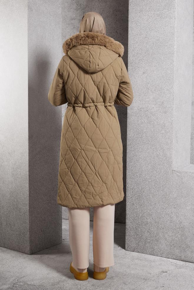 Hijab clothing BROWN FUR HOODED COAT 90518 - ALVİNA