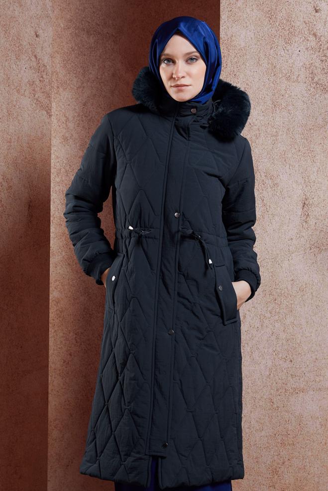 Hijab clothing NAVY BLUE FUR HOODED COAT 90518 - ALVİNA