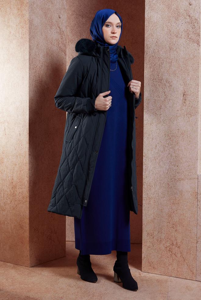 Hijab clothing NAVY BLUE FUR HOODED COAT 90518 - ALVİNA
