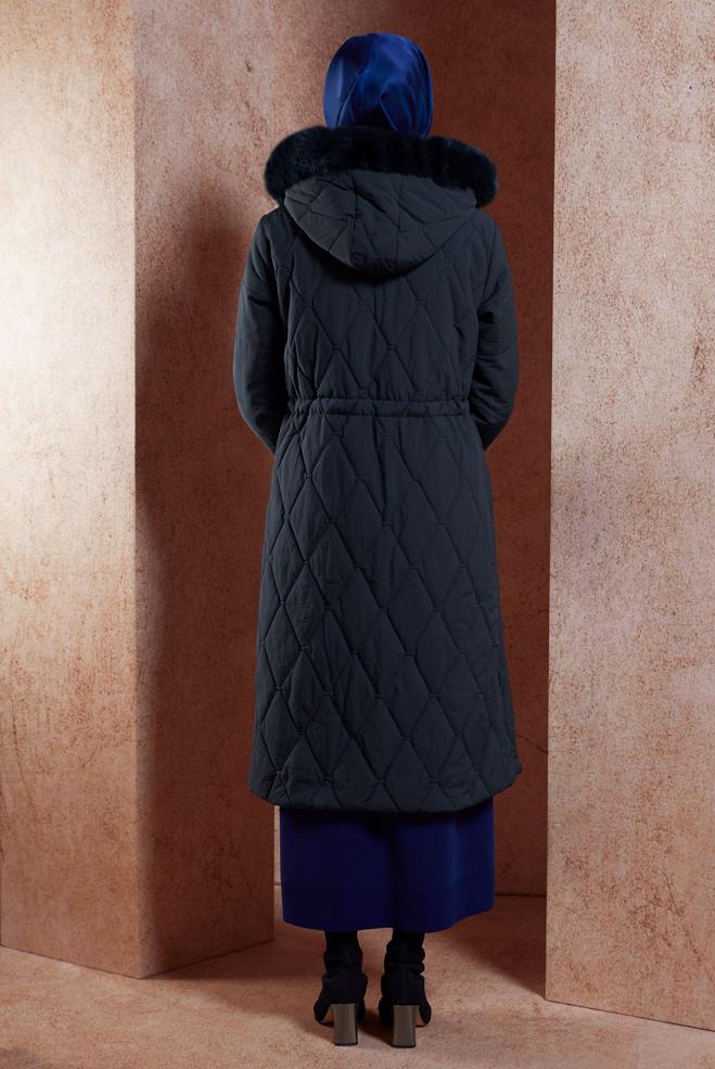 Hijab clothing NAVY BLUE FUR HOODED COAT 90518 - ALVİNA