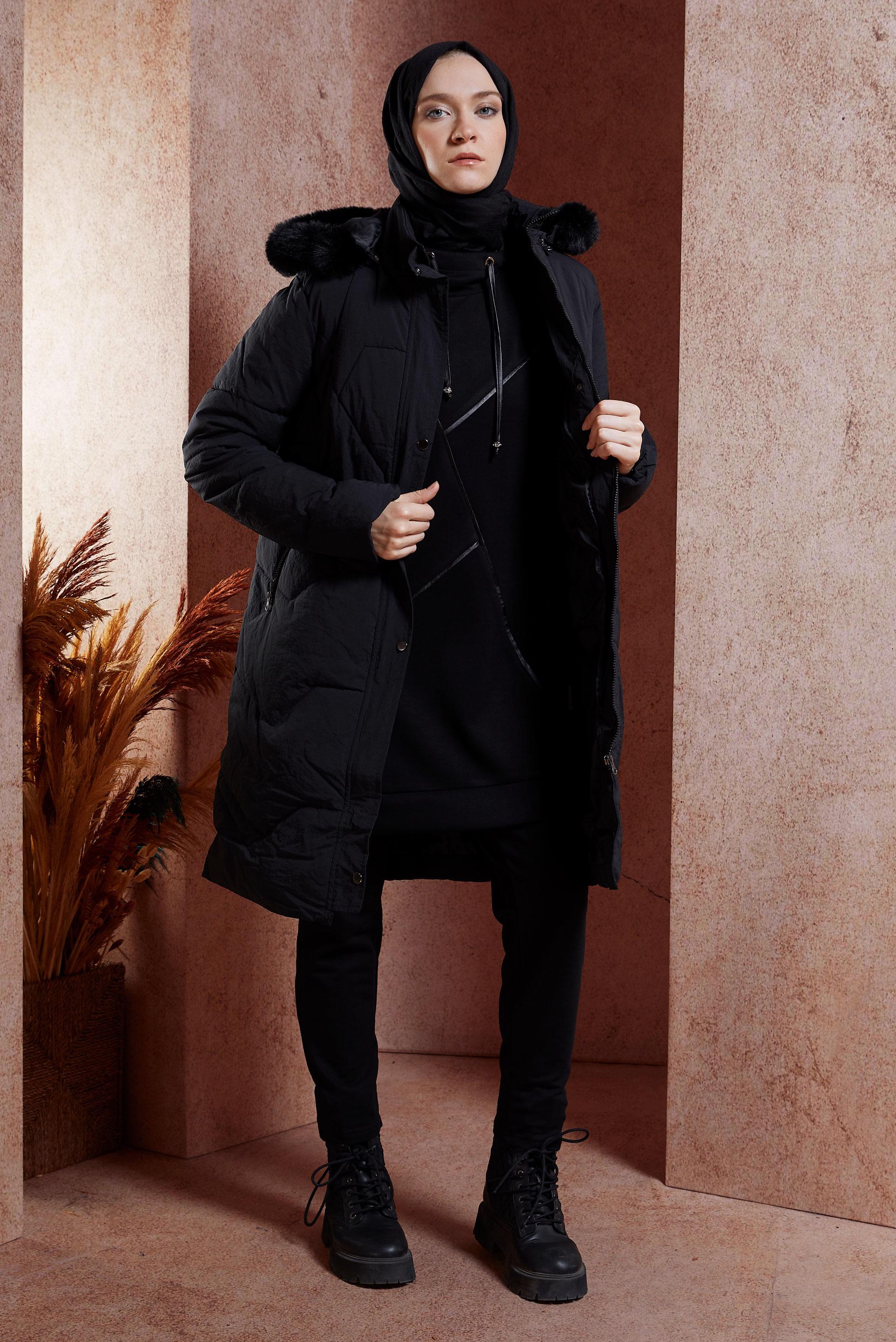 Vêtements hijab NOIR MANTEAU À CAPUCHE 90519