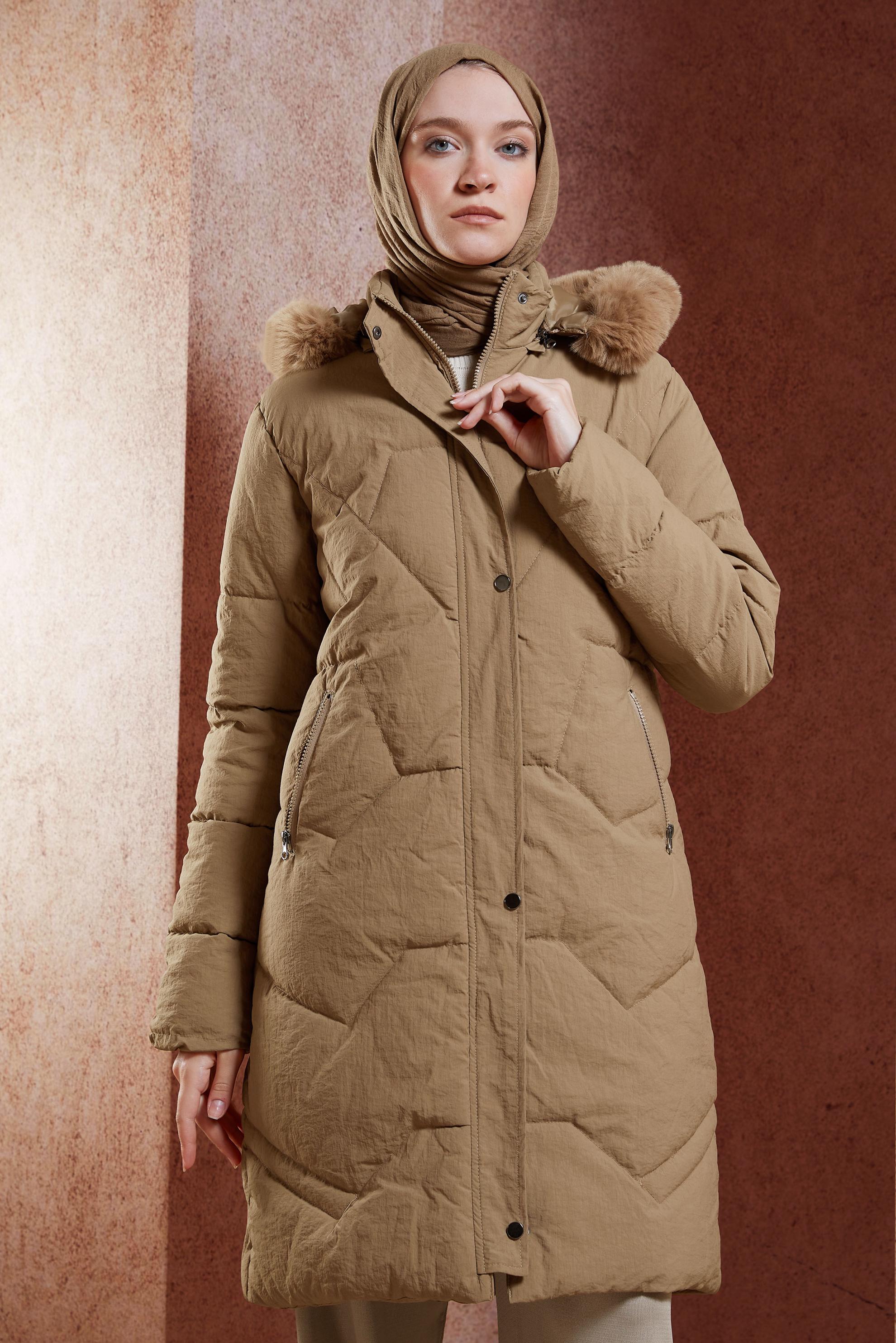 Tesettür giyim KAHVE KAPÜŞONLU KABAN 90519