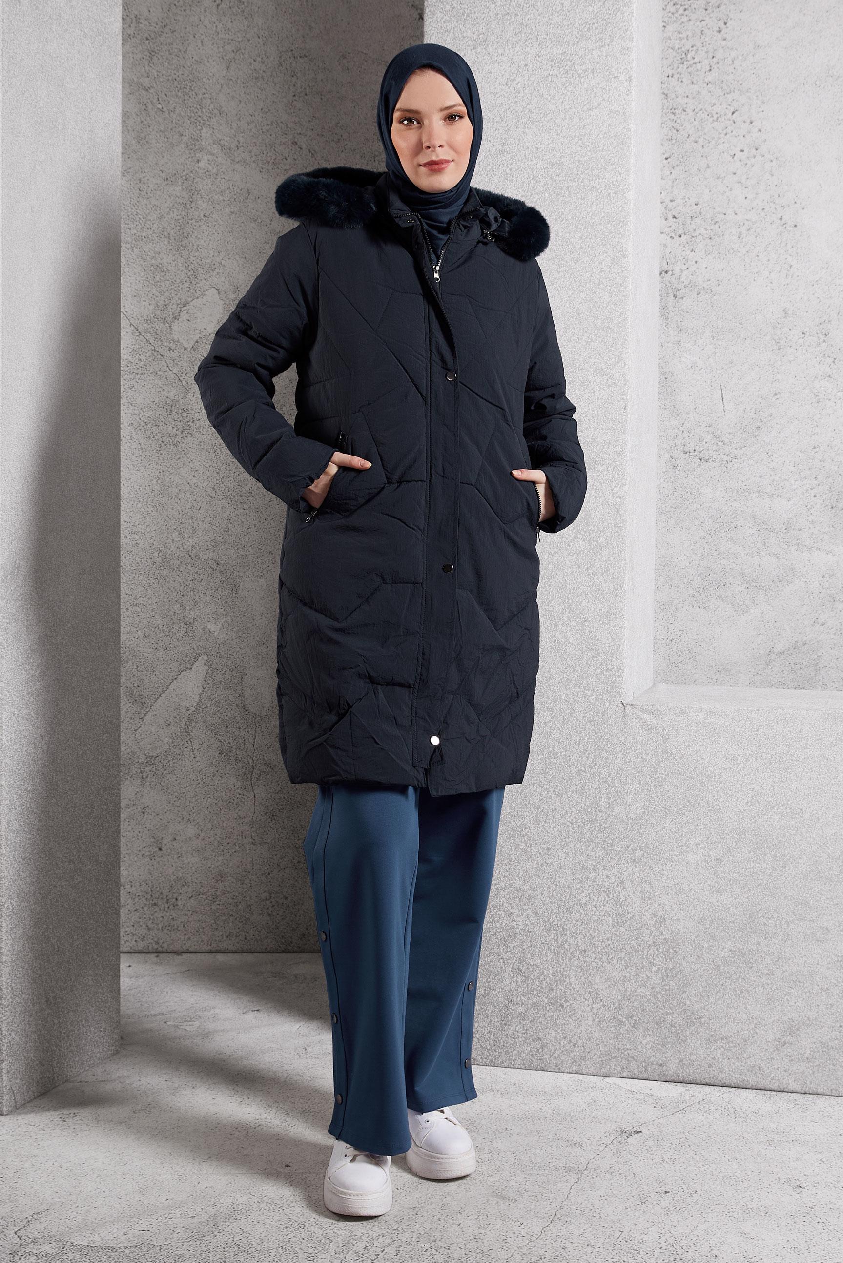 Tesettür giyim LACİVERT KAPÜŞONLU KABAN 90519