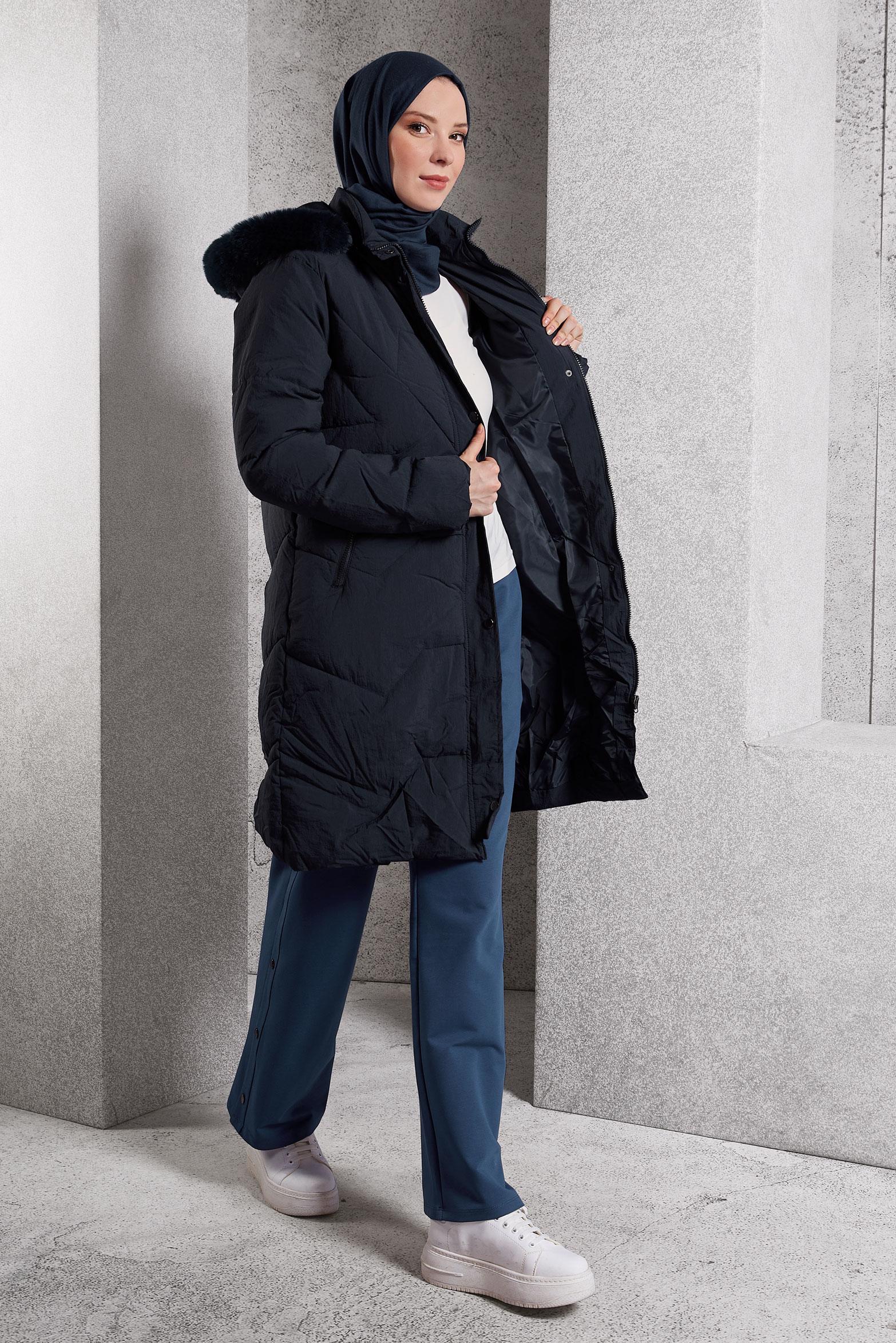 Tesettür giyim LACİVERT KAPÜŞONLU KABAN 90519
