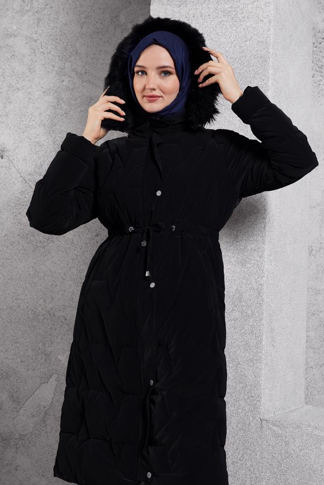 Hijab clothing BLACK DETACHABLE HOODED COAT 90520 - ALVİNA