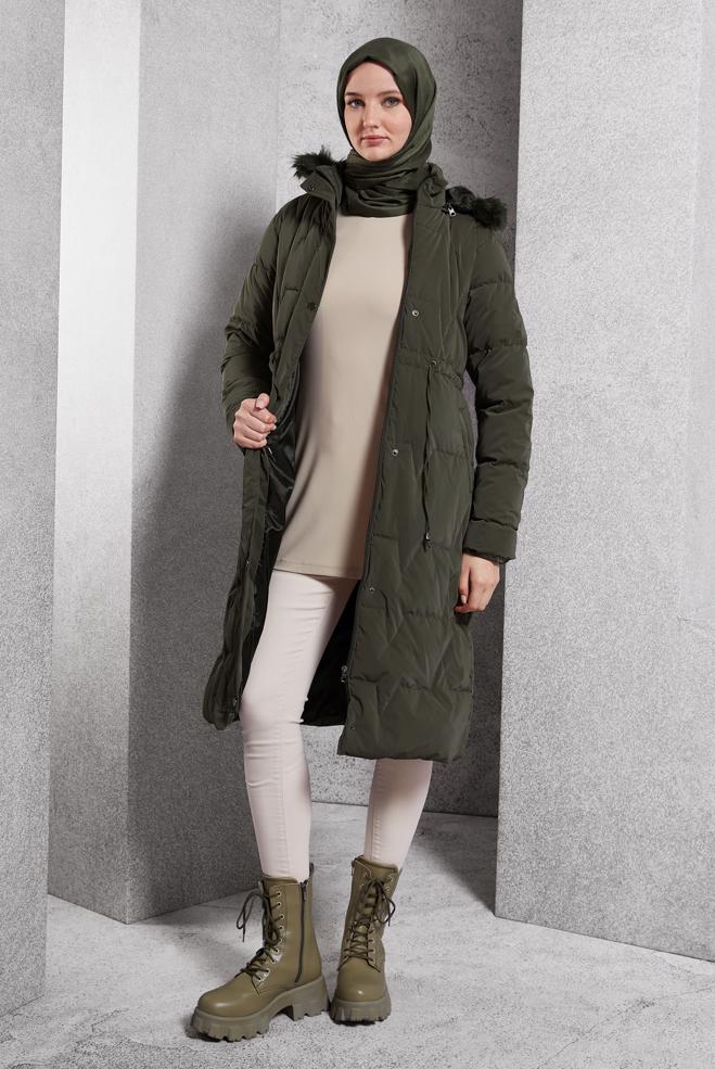 Tesettür giyim HAKİ ÇIKARILABİLİR KAPÜŞONLU KABAN 90520 - ALVİNA