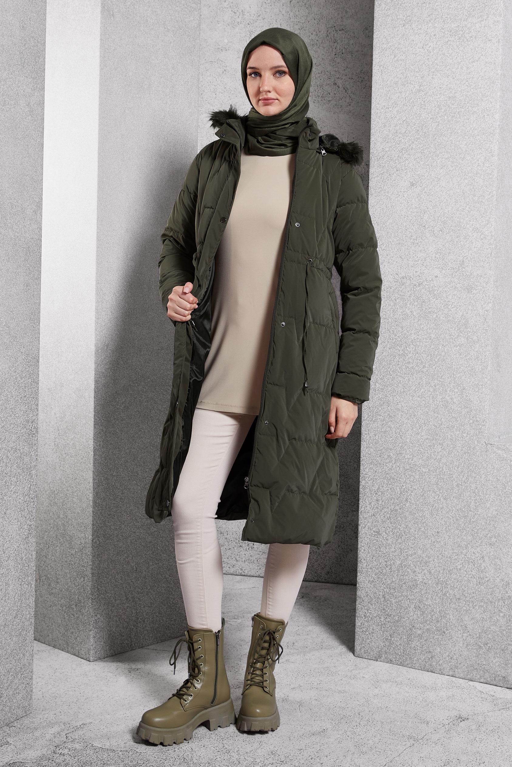 Tesettür giyim HAKİ ÇIKARILABİLİR KAPÜŞONLU KABAN 90520