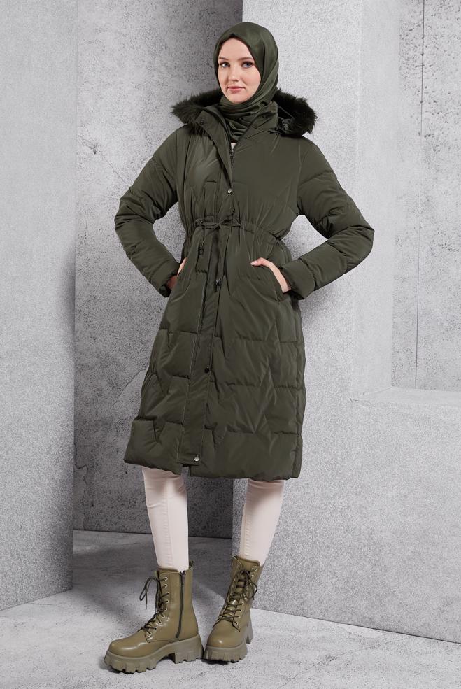 Tesettür giyim HAKİ ÇIKARILABİLİR KAPÜŞONLU KABAN 90520 - ALVİNA