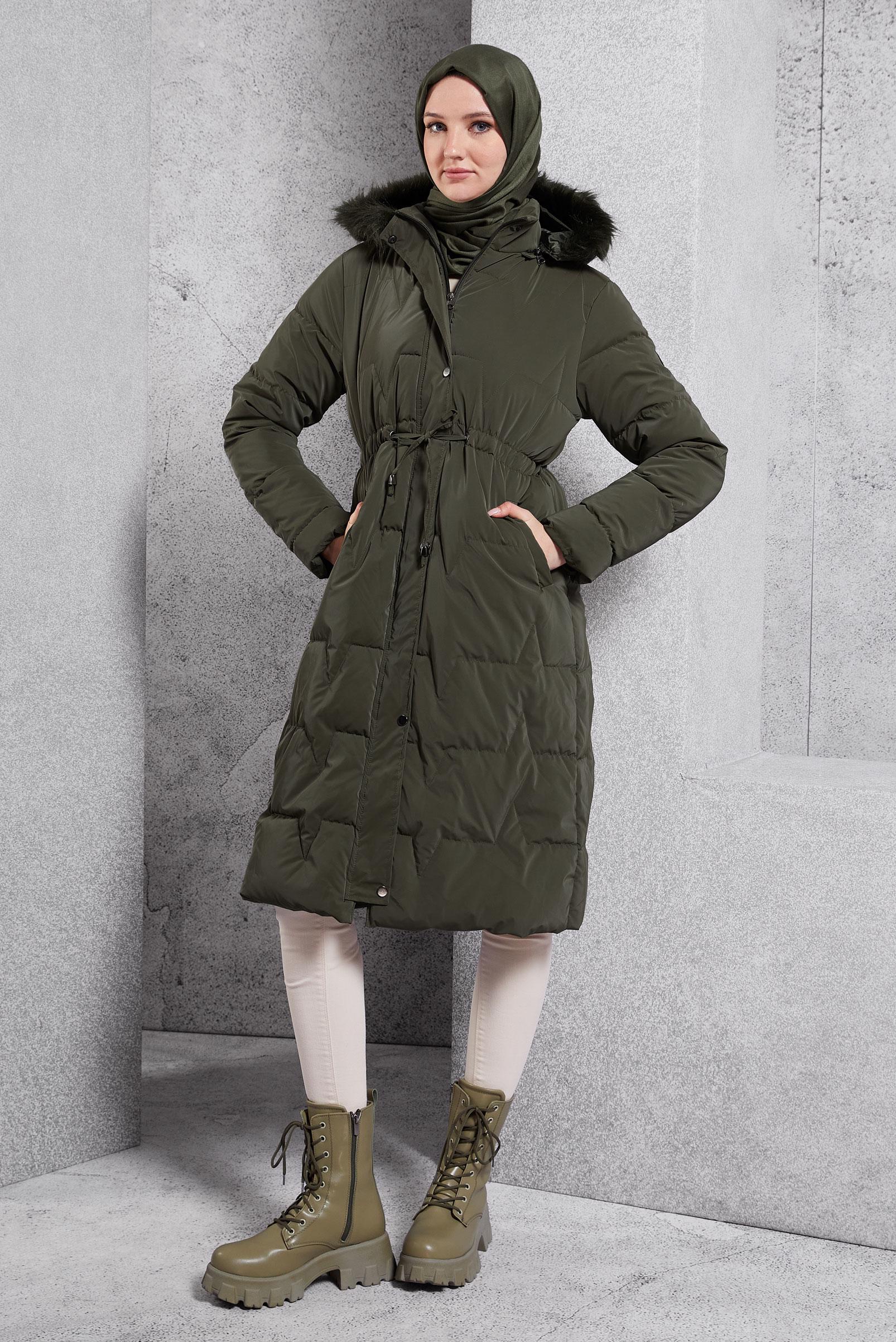 Tesettür giyim HAKİ ÇIKARILABİLİR KAPÜŞONLU KABAN 90520