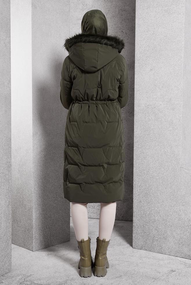 Tesettür giyim HAKİ ÇIKARILABİLİR KAPÜŞONLU KABAN 90520 - ALVİNA