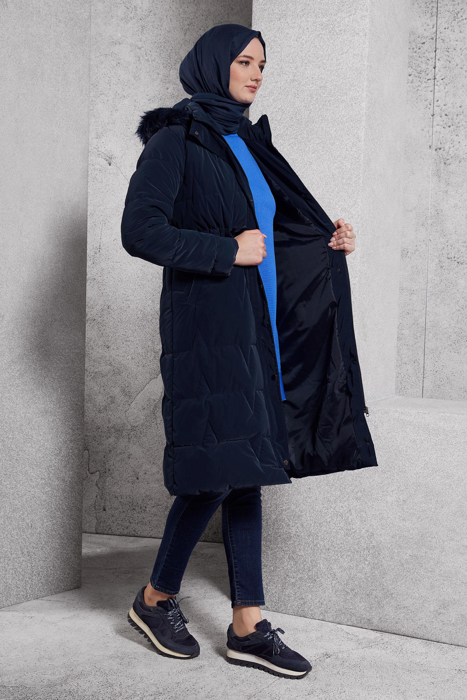 Tesettür giyim LACİVERT ÇIKARILABİLİR KAPÜŞONLU KABAN 90520