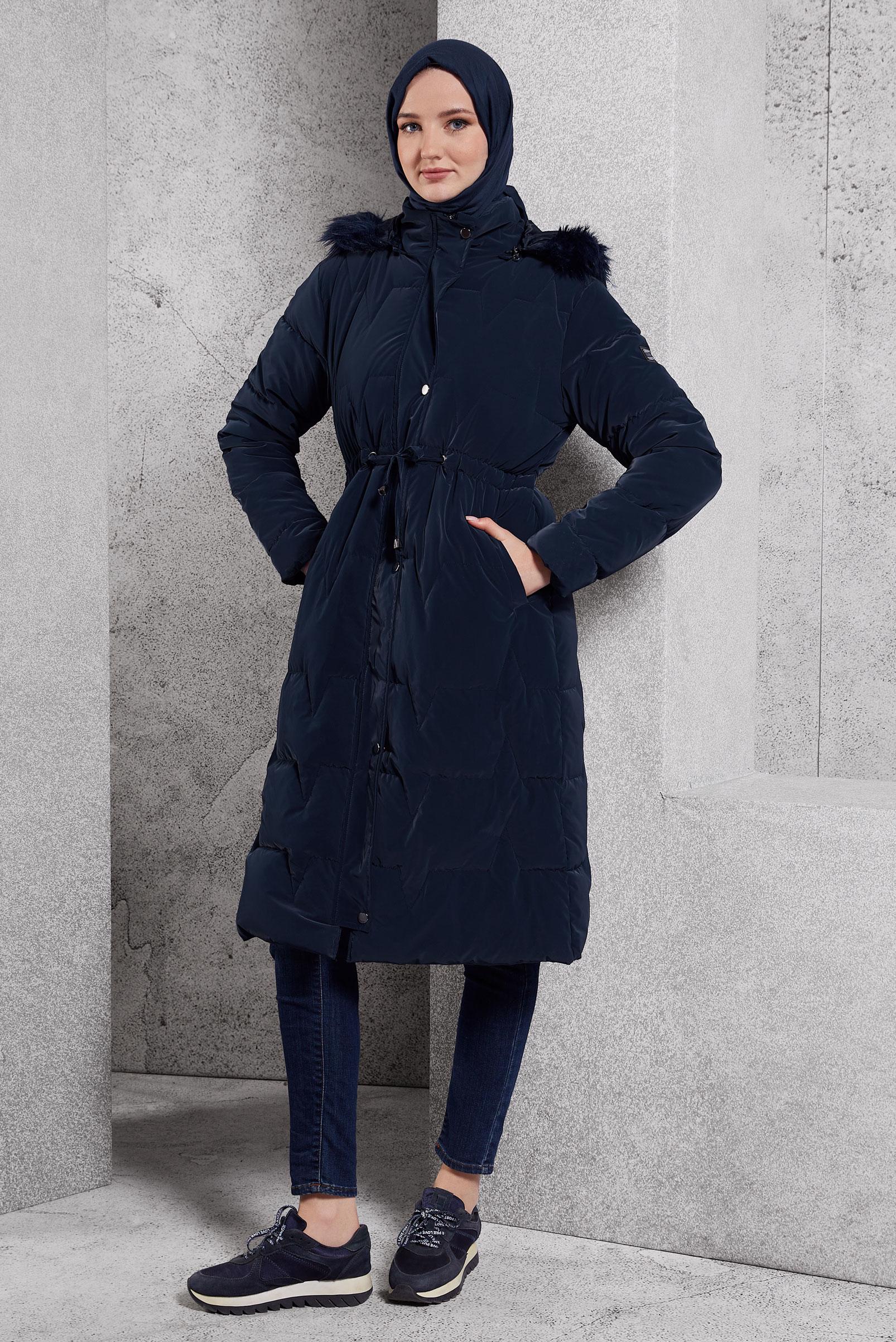 Tesettür giyim LACİVERT ÇIKARILABİLİR KAPÜŞONLU KABAN 90520