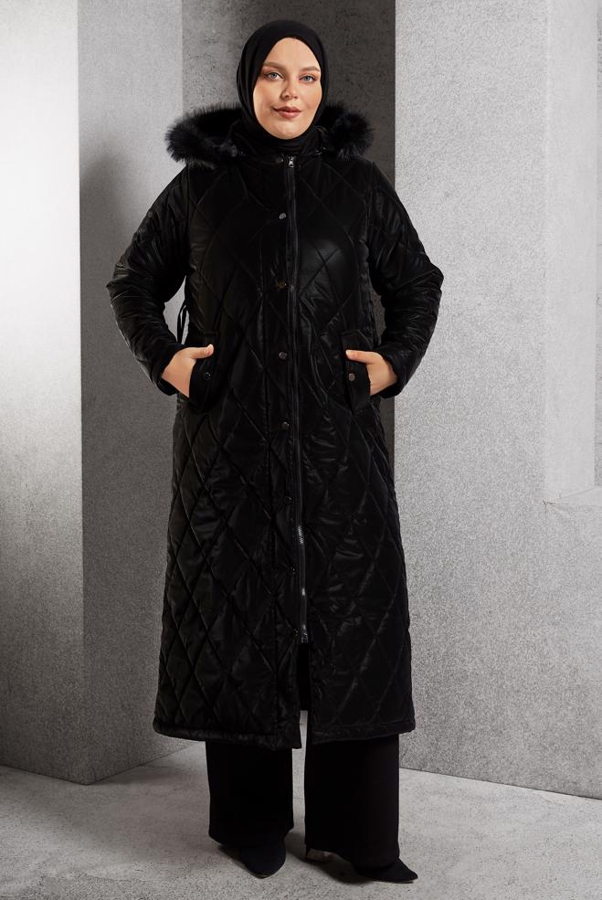 Vêtements hijab NOIR MANTEAU À CAPUCHE 90522 - ALVİNA