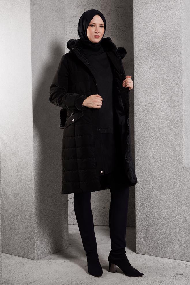 Vêtements hijab NOIR MANTEAU À CAPUCHE ET CEINTURE 90523 - ALVİNA