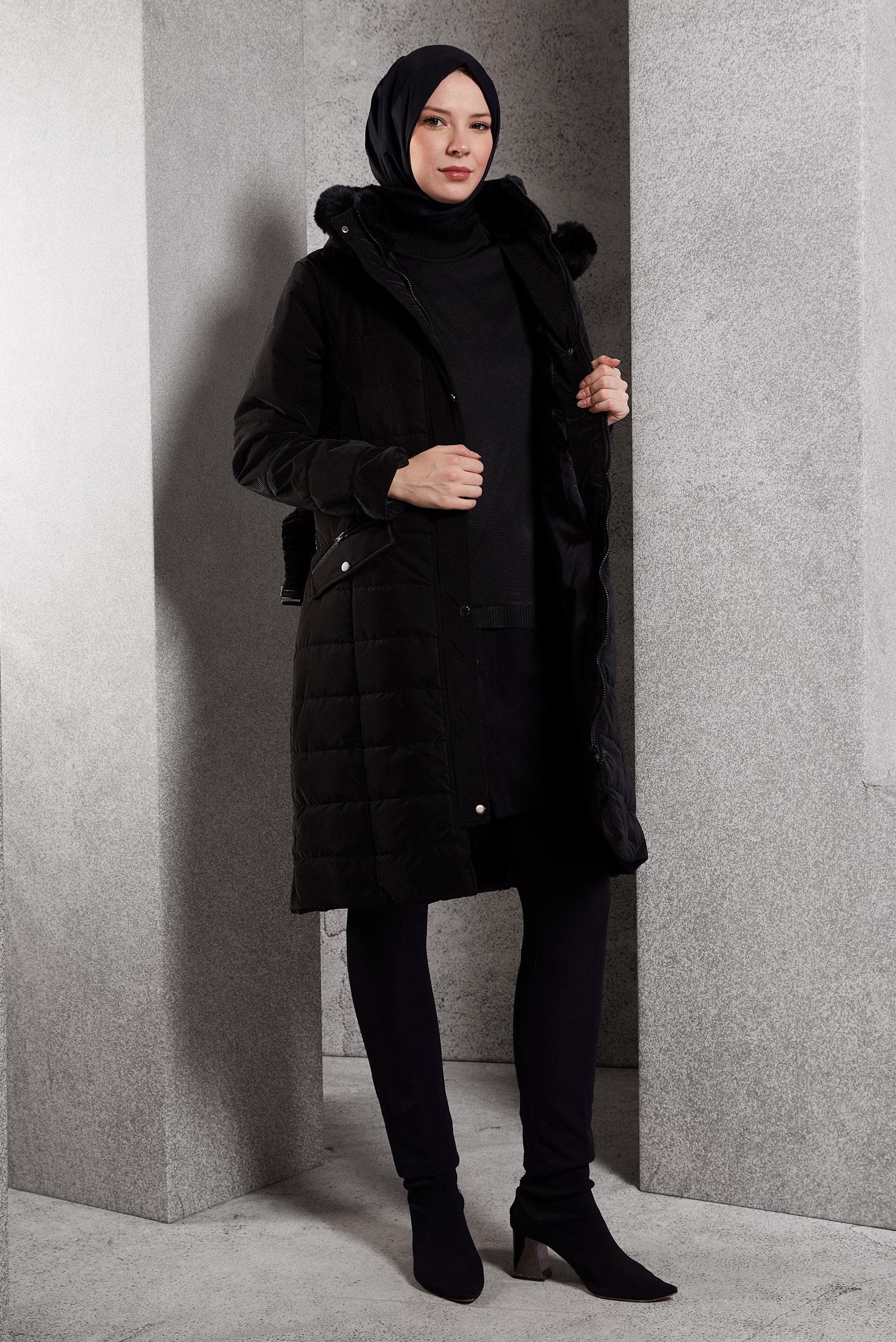 Vêtements hijab NOIR MANTEAU À CAPUCHE ET CEINTURE 90523