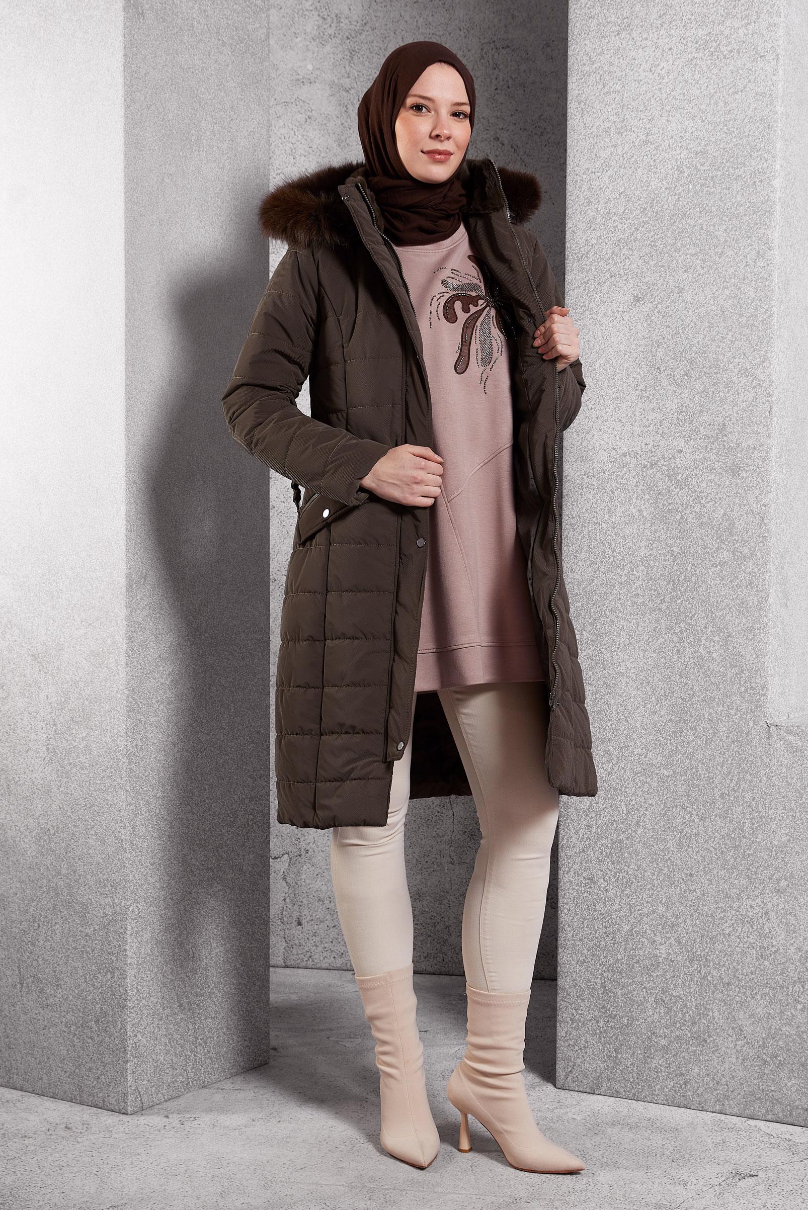 Tesettür giyim KAHVE KAPÜŞONLU KEMERLİ KABAN 90523