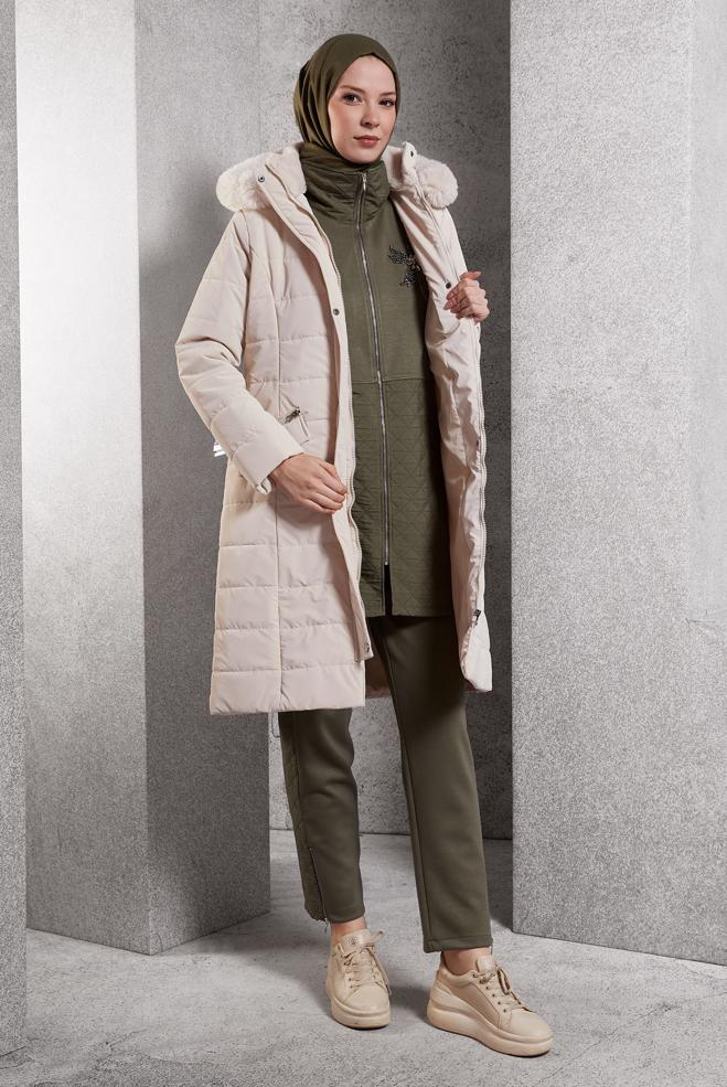 Hijab clothing  HOODED BELTED COAT 90523 - ALVİNA