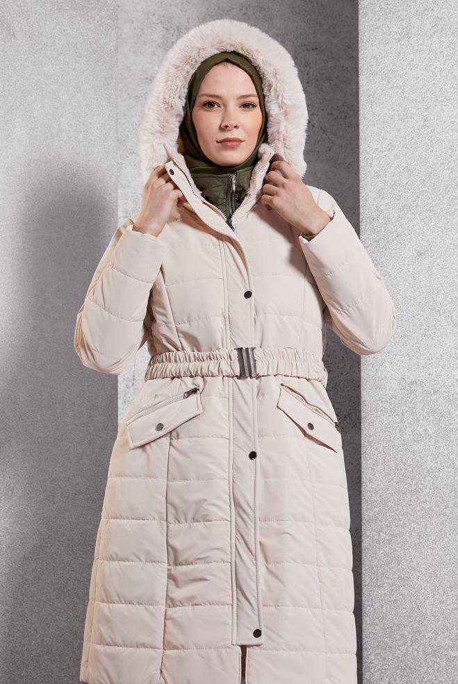 Vêtements hijab BEIGE MANTEAU À CAPUCHE ET CEINTURE 90523 - ALVİNA