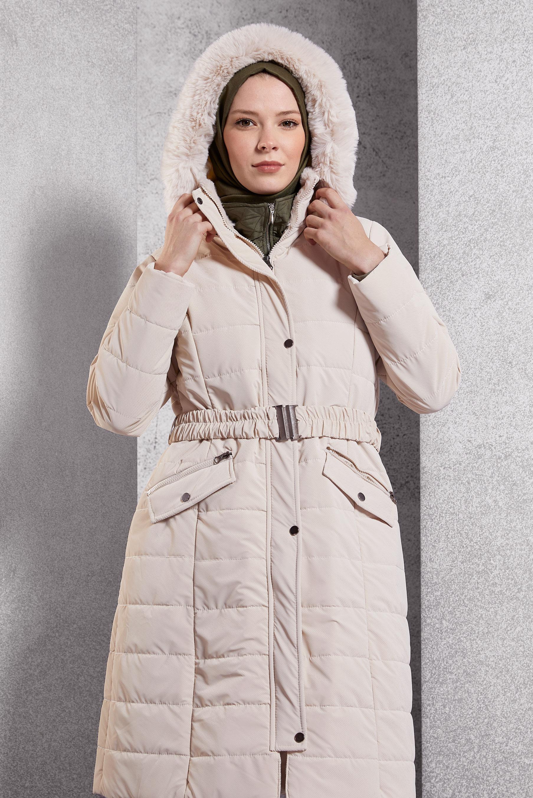 Hijab clothing BEIGE HOODED BELTED COAT 90523